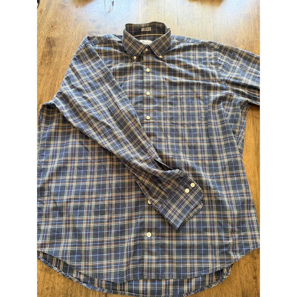 Peter Millar Men's XL Blue Brown Plaid Button-Down Long Sleeve Cotton Shirt